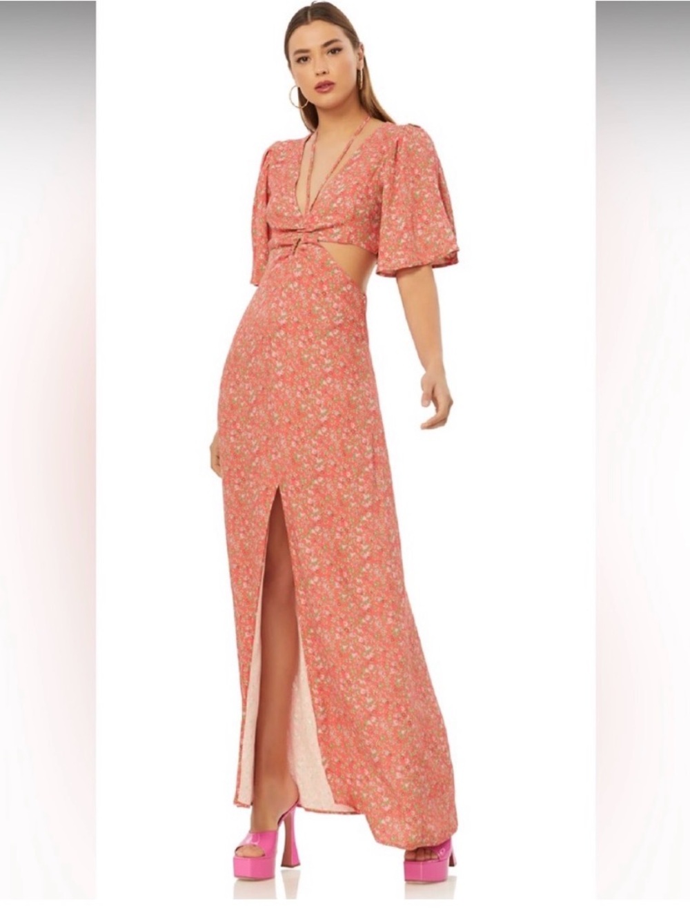 AFRM Savvy Coral Floral Cutout Maxi Dress with Slit Down the Middle